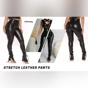 (B2) NWOT Shein Black Faux Leather Sexy Ruched Ankle Tie Pants Leggings L 8 10